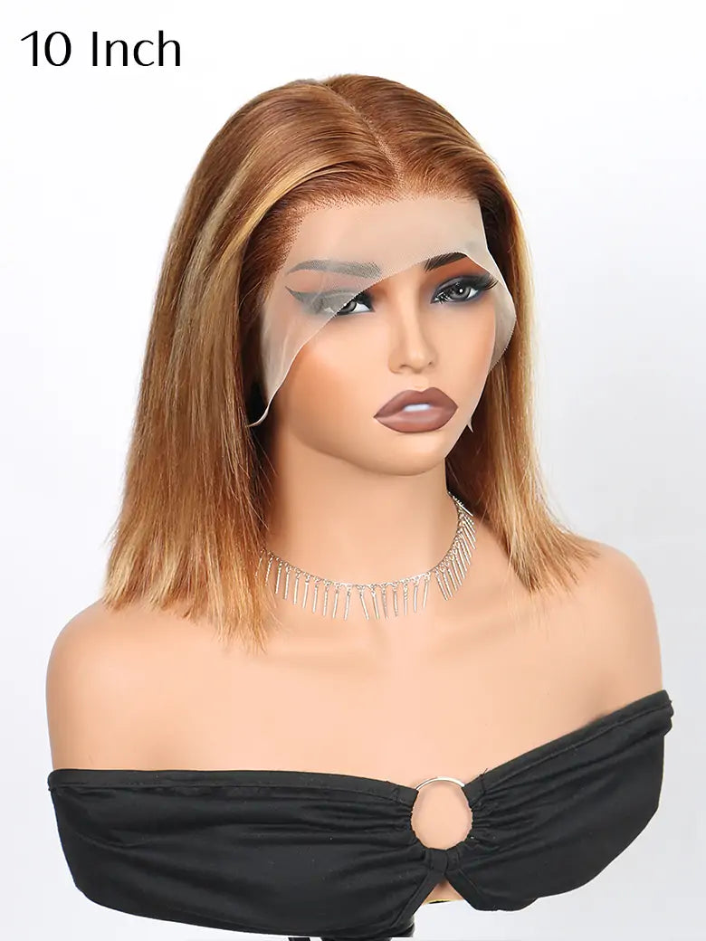 10 Inches Highlight Bob Wig Brown Highlights Straight Hair 13x4 Lace Wigs - SIMMEL Hair