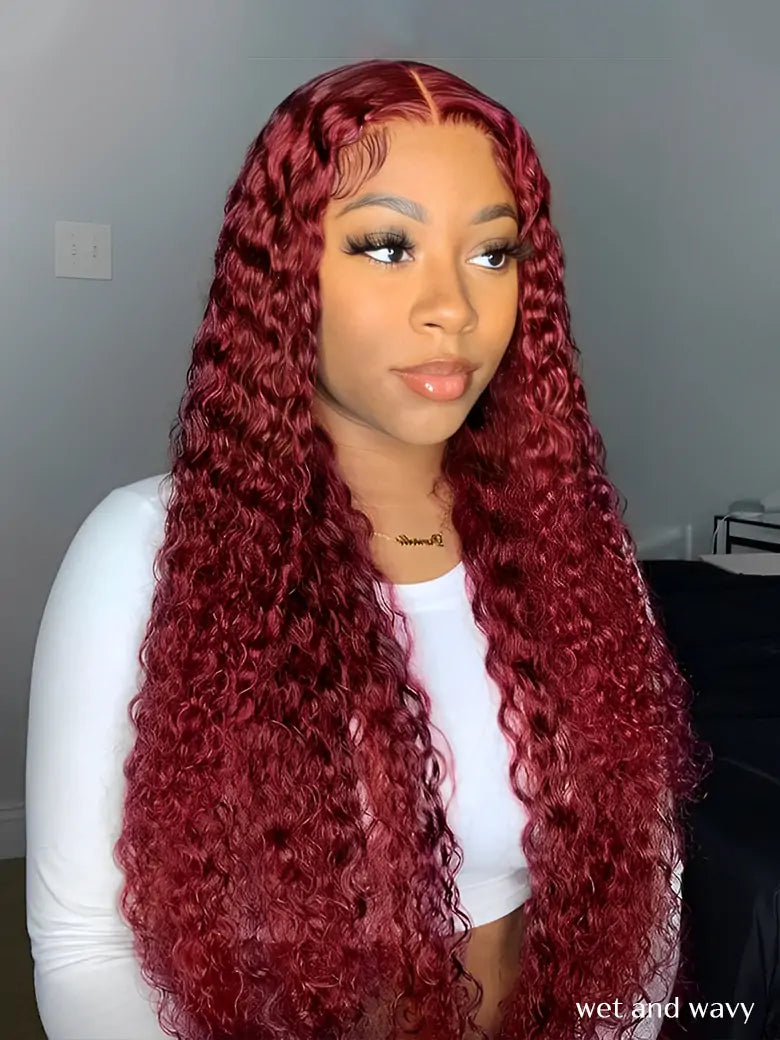 SIMMEL hair model show burgundy hair deep curly 13x4 lace front wig wet and wavy