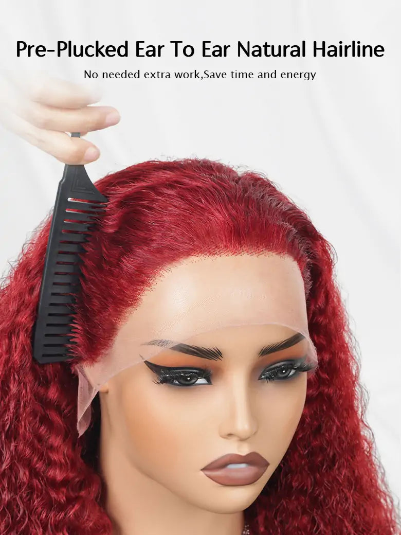 SIMMEL hair burgundy hair deep curly 13x4 lace wig pre-plucked ear-to-ear natural hairine