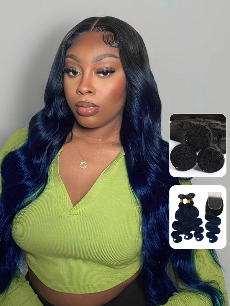SIMMEL Hair Black Blue Ombre Human Hair Weave 3 Bundles With Closure Body Wave