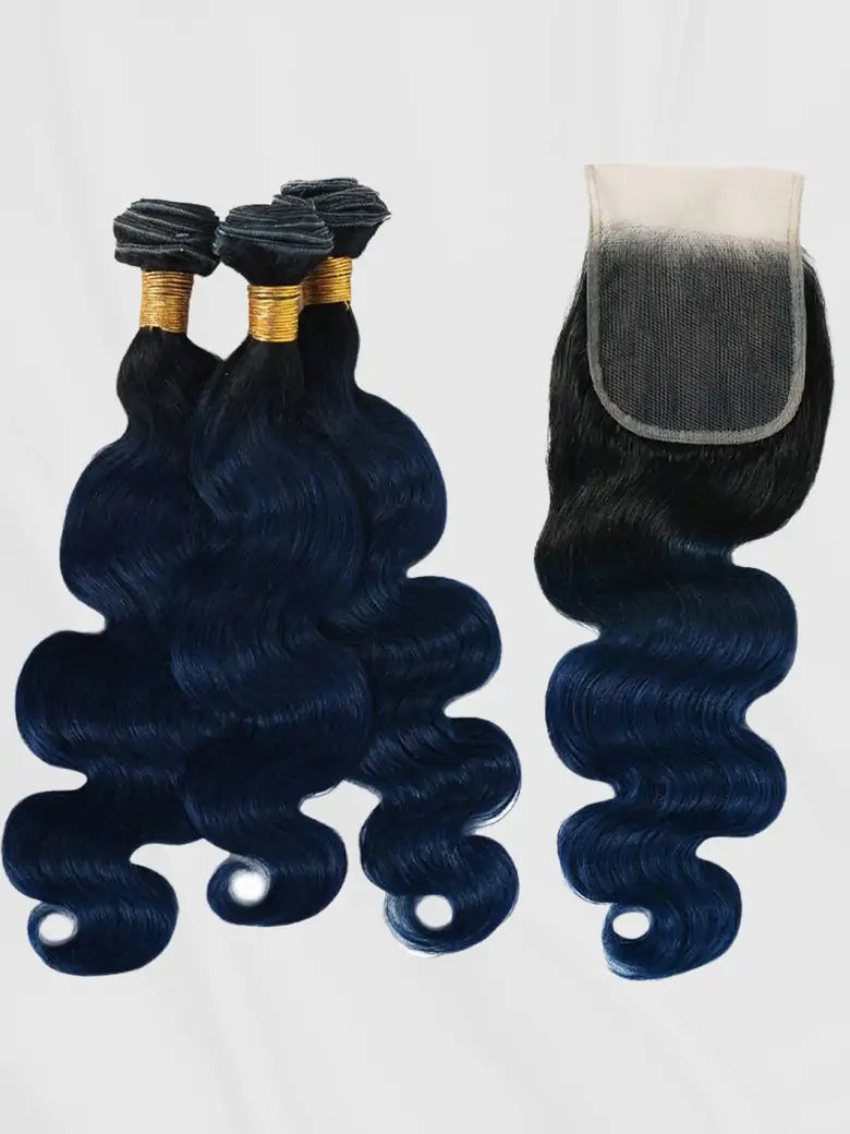 Simmel Hair Black Blue Ombre Human Hair Weave 3 Bundles With Closure Body Wave
