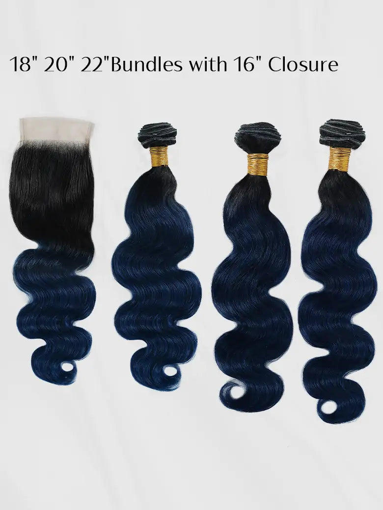 Simmel Hair Black Blue Ombre Human Hair Weave 18" 20" 22" Bundles With 16" Closure Body Wave