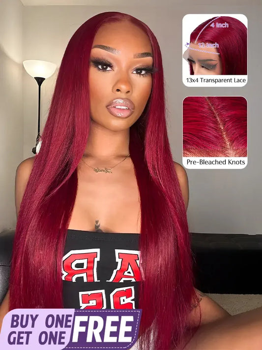SIMMEL Burgundy Hair 13x4 Lace Front Wig Dark Red Silky Straight Human Hair Wigs