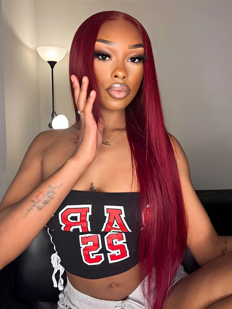 SIMMEL Burgundy Hair model show 13x4 Lace Front Wig Dark Red Silky Straight Human Hair Wigs