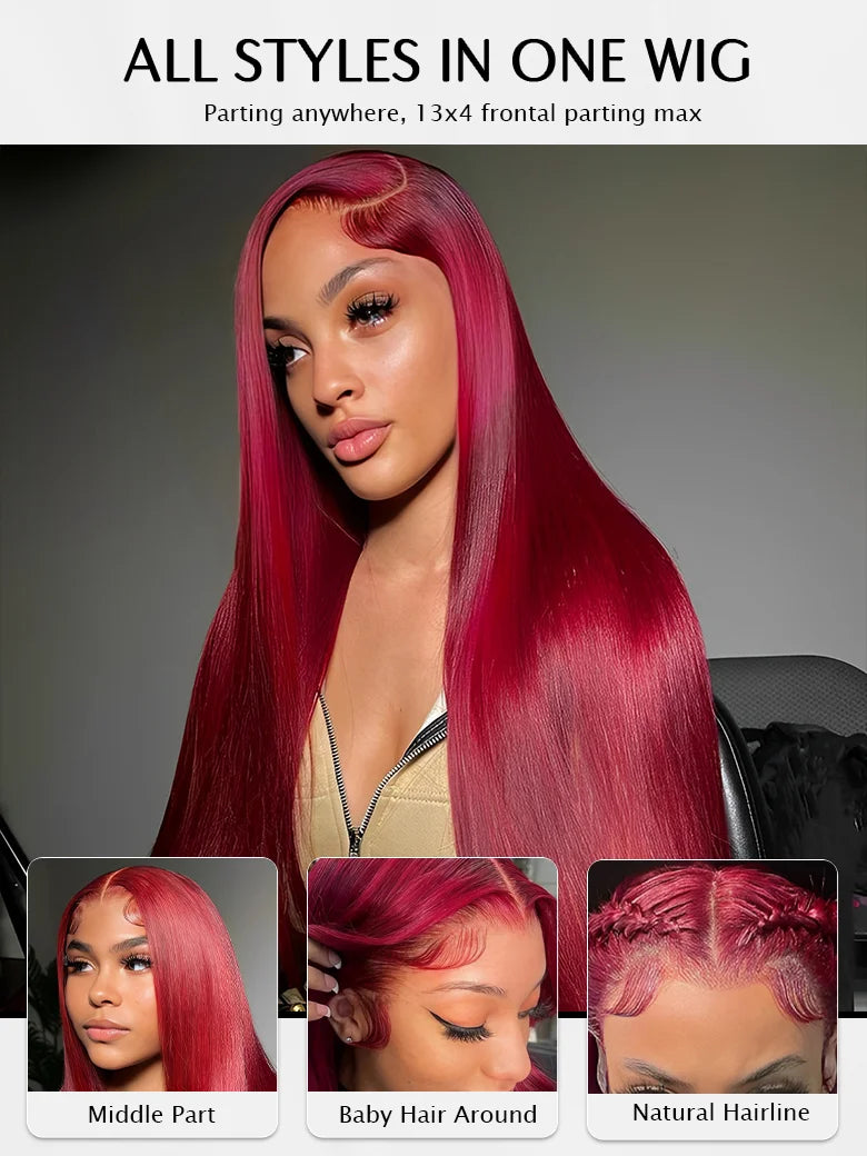 SIMMEL Burgundy Hair 13x4 Lace Front Wig Dark Red Silky Straight Human Hair Wigs