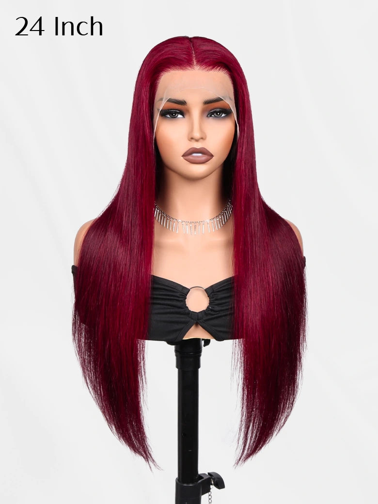 SIMMEL Burgundy Hair 24 inch 13x4 Lace Front Wig Dark Red Silky Straight Human Hair Wigs