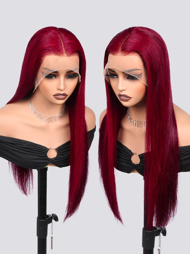 SIMMEL Burgundy Hair 24 inch 13x4 Lace Front Wig Dark Red Silky Straight Human Hair Wigs