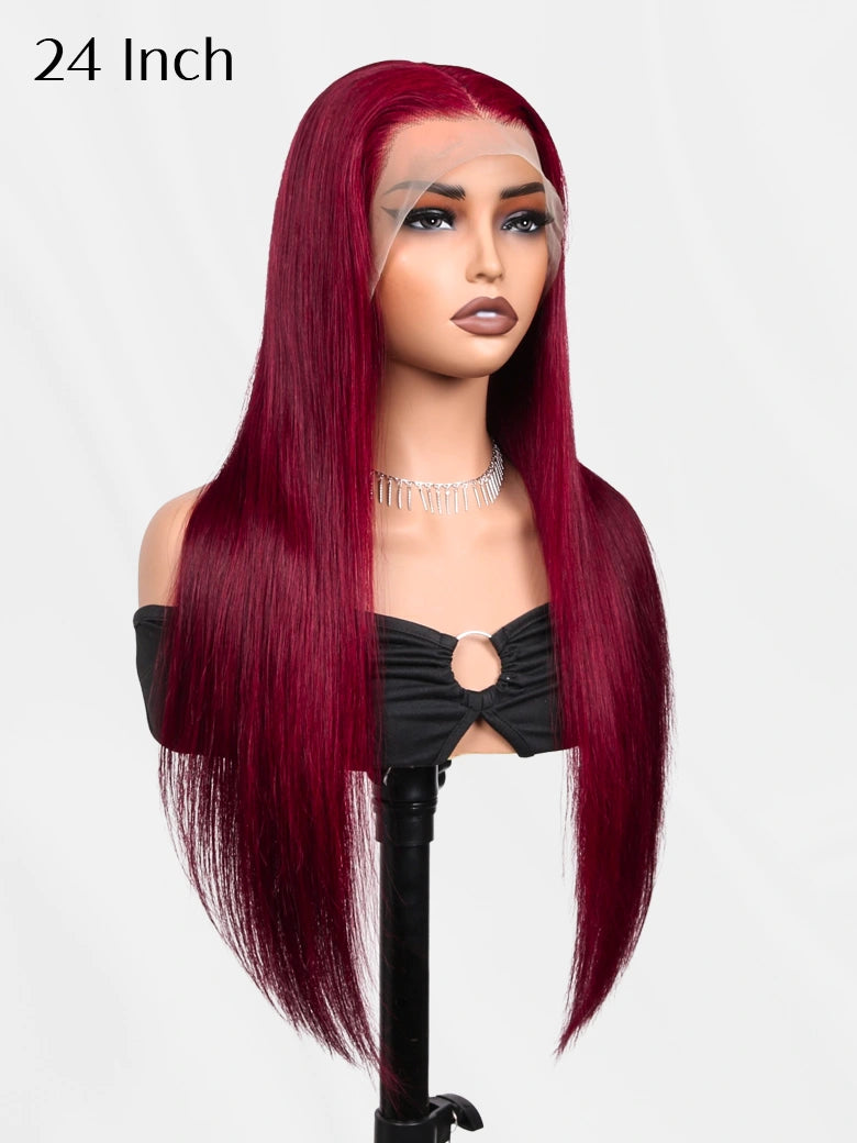 SIMMEL Burgundy Hair 24inch 13x4 Lace Front Wig Dark Red Silky Straight Human Hair Wigs
