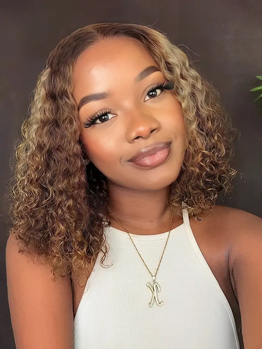 Glueless Highlight Bob Wig Deep Wave Brown Highlights Hair 6x4 Lace Wigs - SIMMEL Hair