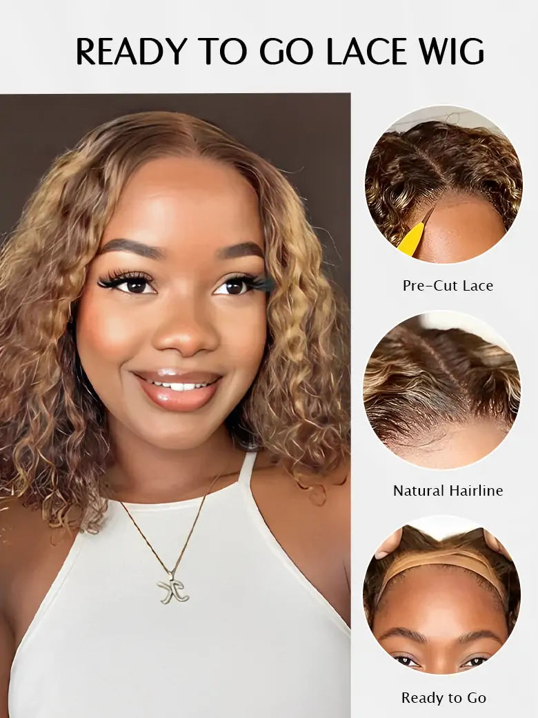 Glueless Highlight Bob Wig Deep Wave Brown Highlights Hair 6x4 Lace Wigs - SIMMEL Hair