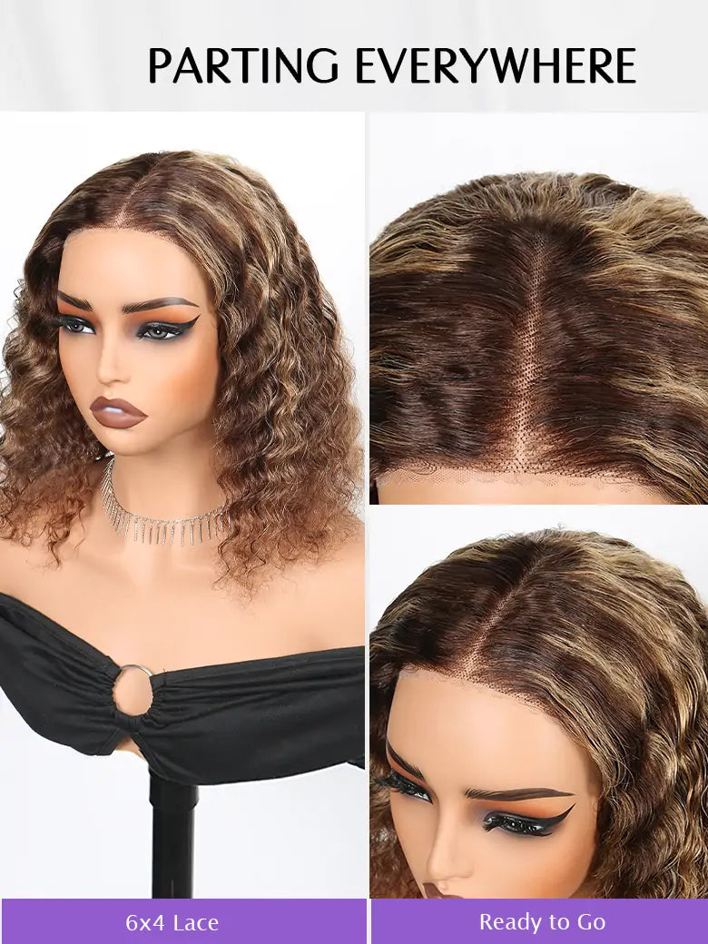 Glueless Highlight Bob Wig Deep Wave Brown Highlights Hair 6x4 Lace Wigs - SIMMEL Hair