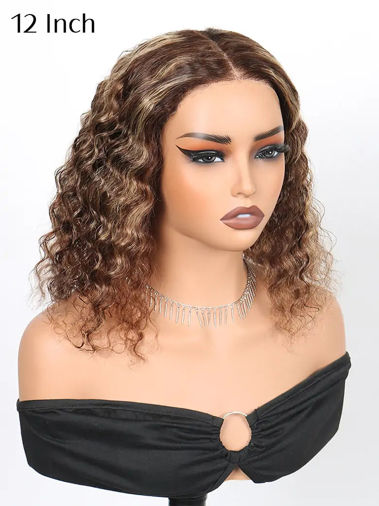 12 Inches Glueless Highlight Bob Wig Deep Wave Brown Highlights Hair 6x4 Lace Wigs - SIMMEL Hair