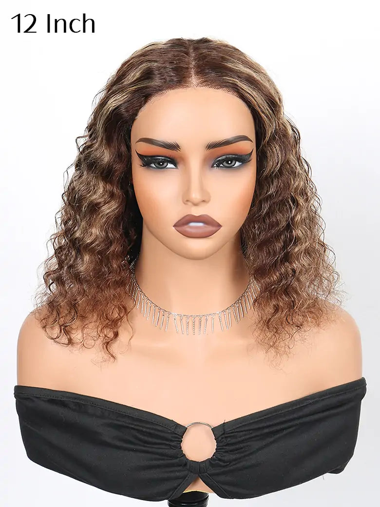 12 Inches Glueless Highlight Bob Wig Deep Wave Brown Highlights Hair 6x4 Lace Wigs - SIMMEL Hair