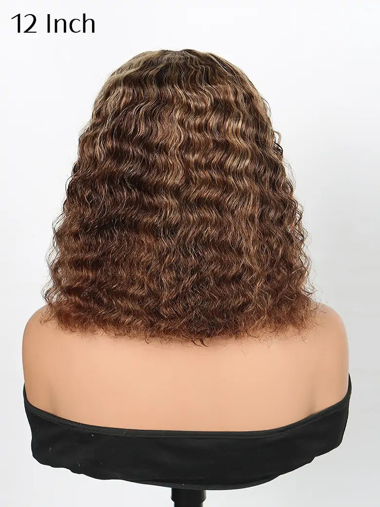 12 Inches Glueless Highlight Bob Wig Deep Wave Brown Highlights Hair 6x4 Lace Wigs - SIMMEL Hair