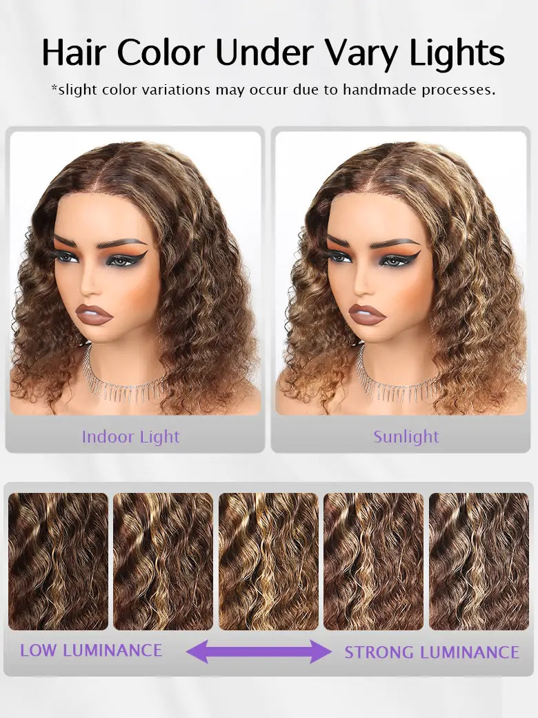 Highlight Bob Wig Deep Wave Hair Color Under Vary Lights - SIMMEL Hair