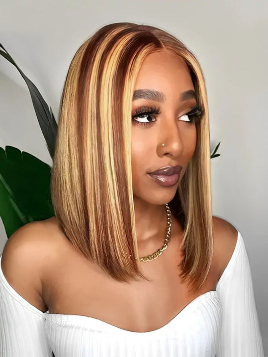 Highlight Bob Wig Brown Highlights Straight Hair 13x4 Lace Wigs - SIMMEL Hair