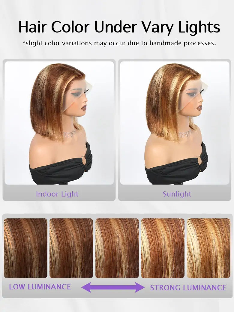 Highlight Bob Wig Brown Highlights Straight Hair Color Under Vary Lights - SIMMEL Hair