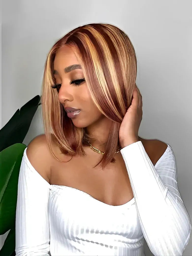 Model Show Highlight Bob Wig Brown Highlights Straight Hair 13x4 Lace Wigs - SIMMEL Hair