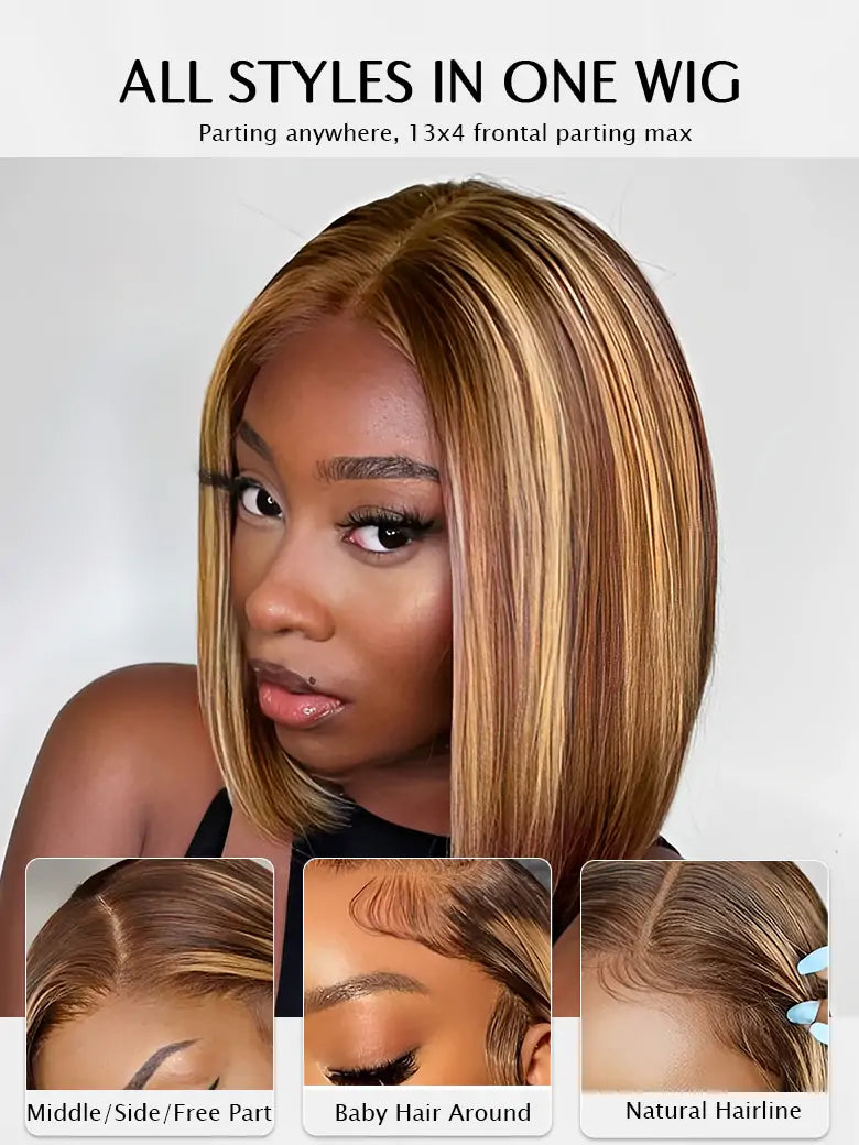 Highlight Bob Wig Brown Highlights Straight Hair 13x4 Lace Wigs - SIMMEL Hair