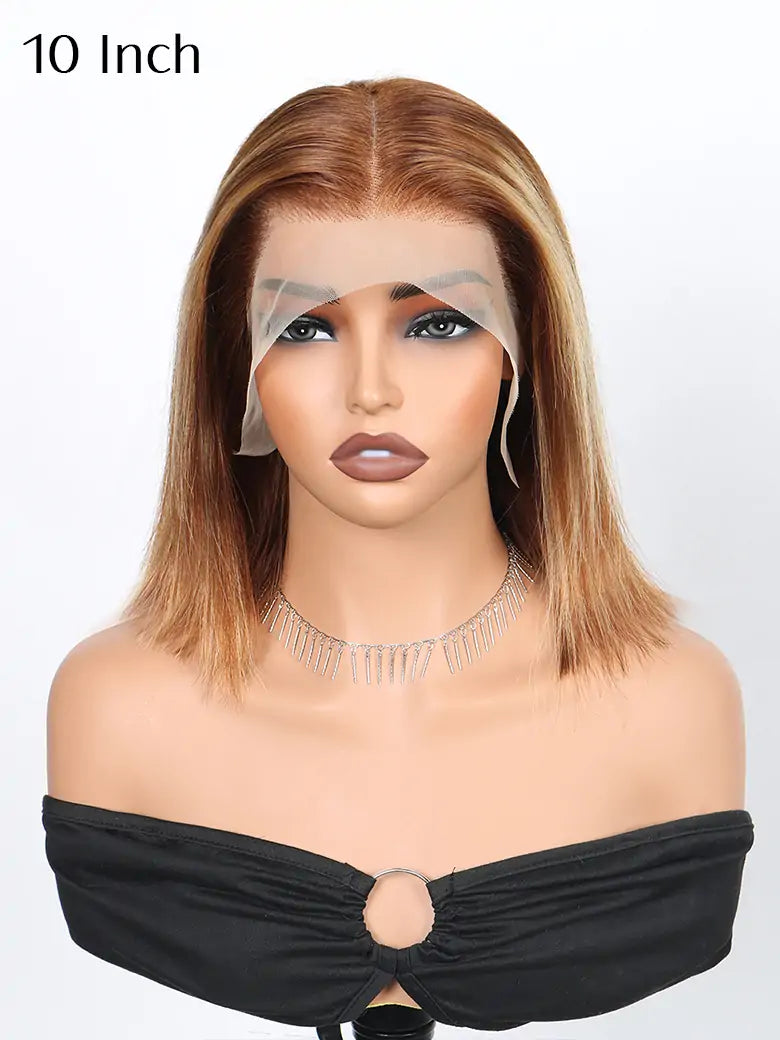 10 Inches Highlight Bob Wig Brown Highlights Straight Hair 13x4 Lace Wigs - SIMMEL Hair
