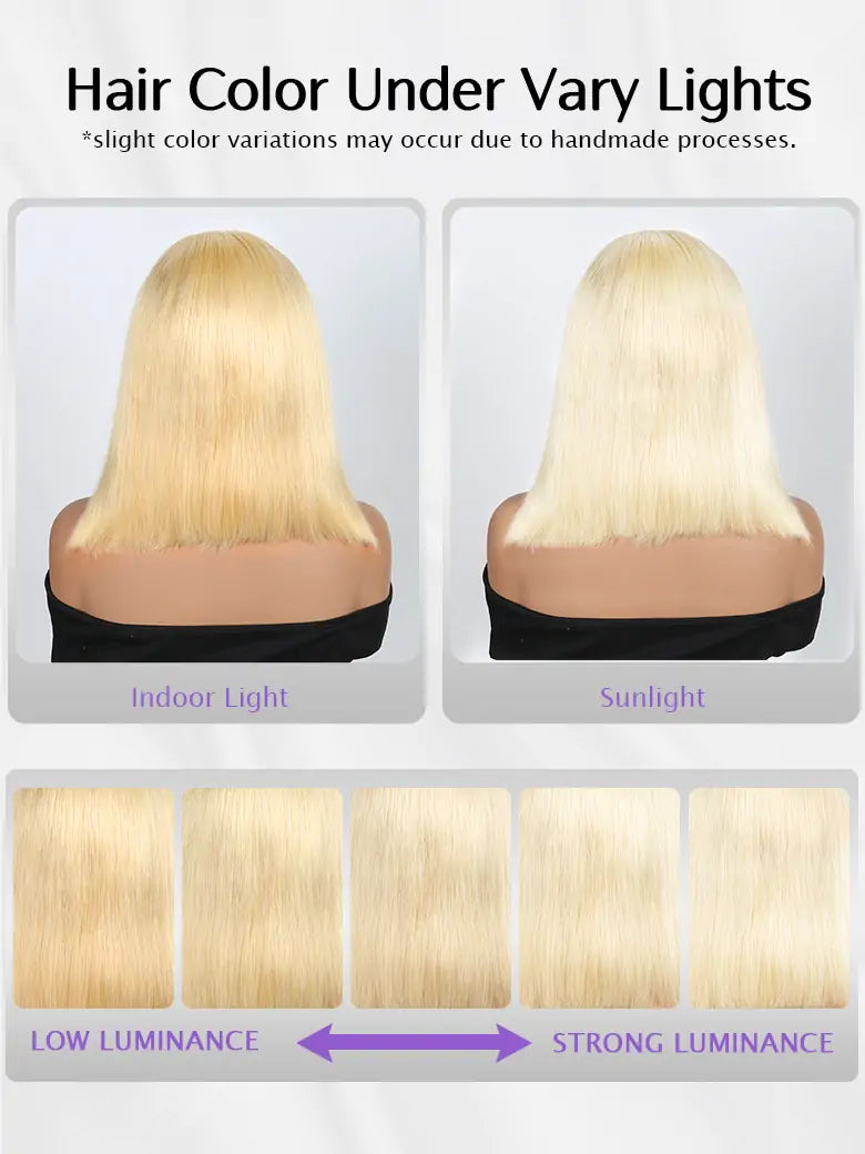 SIMMEL 10 inches Honey Blonde Bob Wig Straight Human Hair Color Under Vary Lights