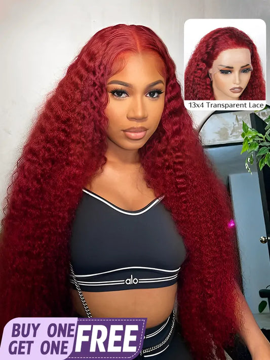 SIMMEL hair burgundy hair deep curly 13x4 lace front wig dark red human hair wigs