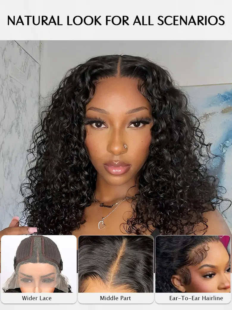 SIMMEL hair deep curly bob wig glueless ear to ear wide t lace front human hair wigs