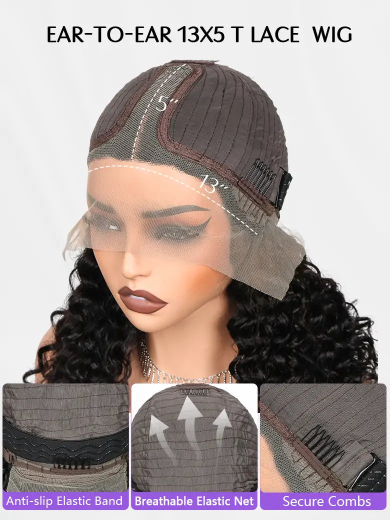 SIMMEL hair deep curly bob wig ear to ear wide t lace front wigs cap