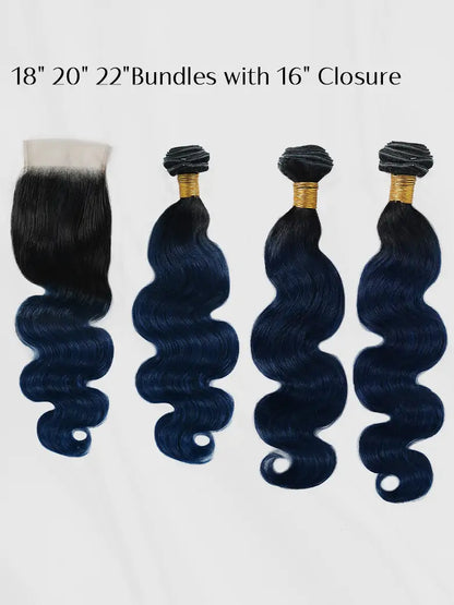 Simmel Hair Black Blue Ombre Human Hair Weave 18" 20" 22" Bundles With 16" Closure Body Wave